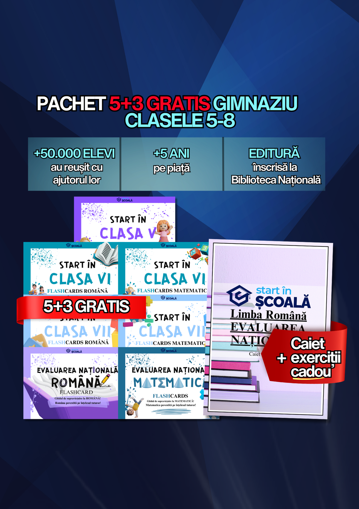 5+3 GRATUIT Pachet Flashcard-uri Clasele V–VIII - Română + Matematică + CADOU:Caiet Exerciții Română