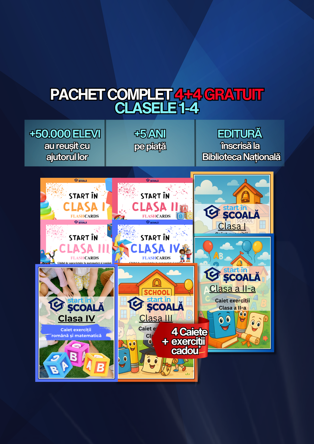 Pachet 4+4 GRATIS Clasele 1-4 - Flashcard-uri + Caiete de Exerciții