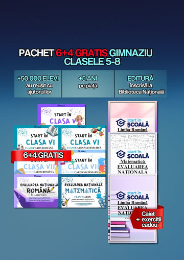 6+4 GRATUIT Pachet Complet Clasele V–VIII - Manuale + Flashcard-uri Română și Matematică + CADOU:Caiet Exerciții Română