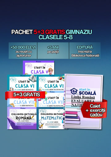 5+3 GRATUIT Pachet Flashcard-uri Clasele V–VIII - Română + Matematică + CADOU:Caiet Exerciții Română