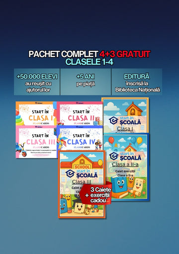 4+3 GRATUIT Pachet Complet I-IV - Flashcard-uri + Caiete de Exerciții Română + Matematică